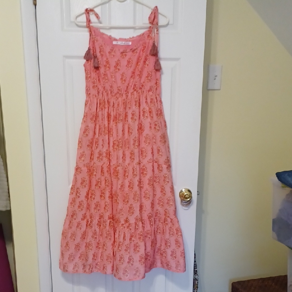 Midnight LILY sz L, Peachy Pink Floral Tiered Maxi Dress with Tassel Straps